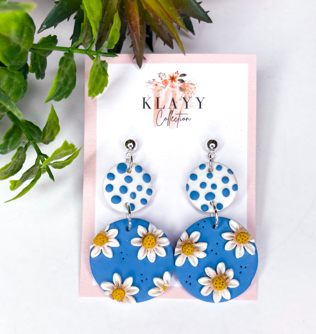 Denim Blue Daisies Polymer Clay Earrings Round