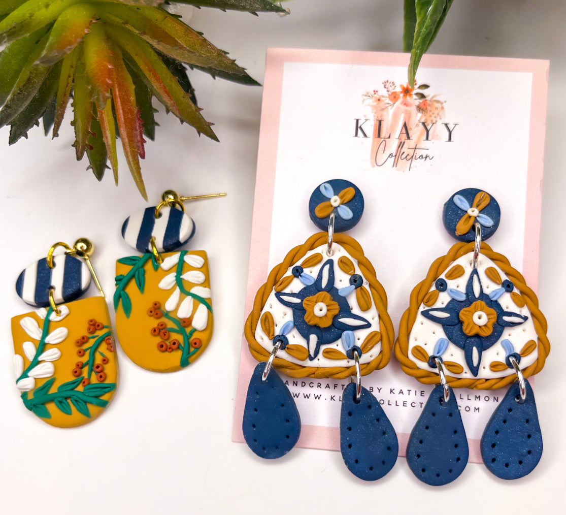 Mustard and Navy Floral Polymer Clay Earrings