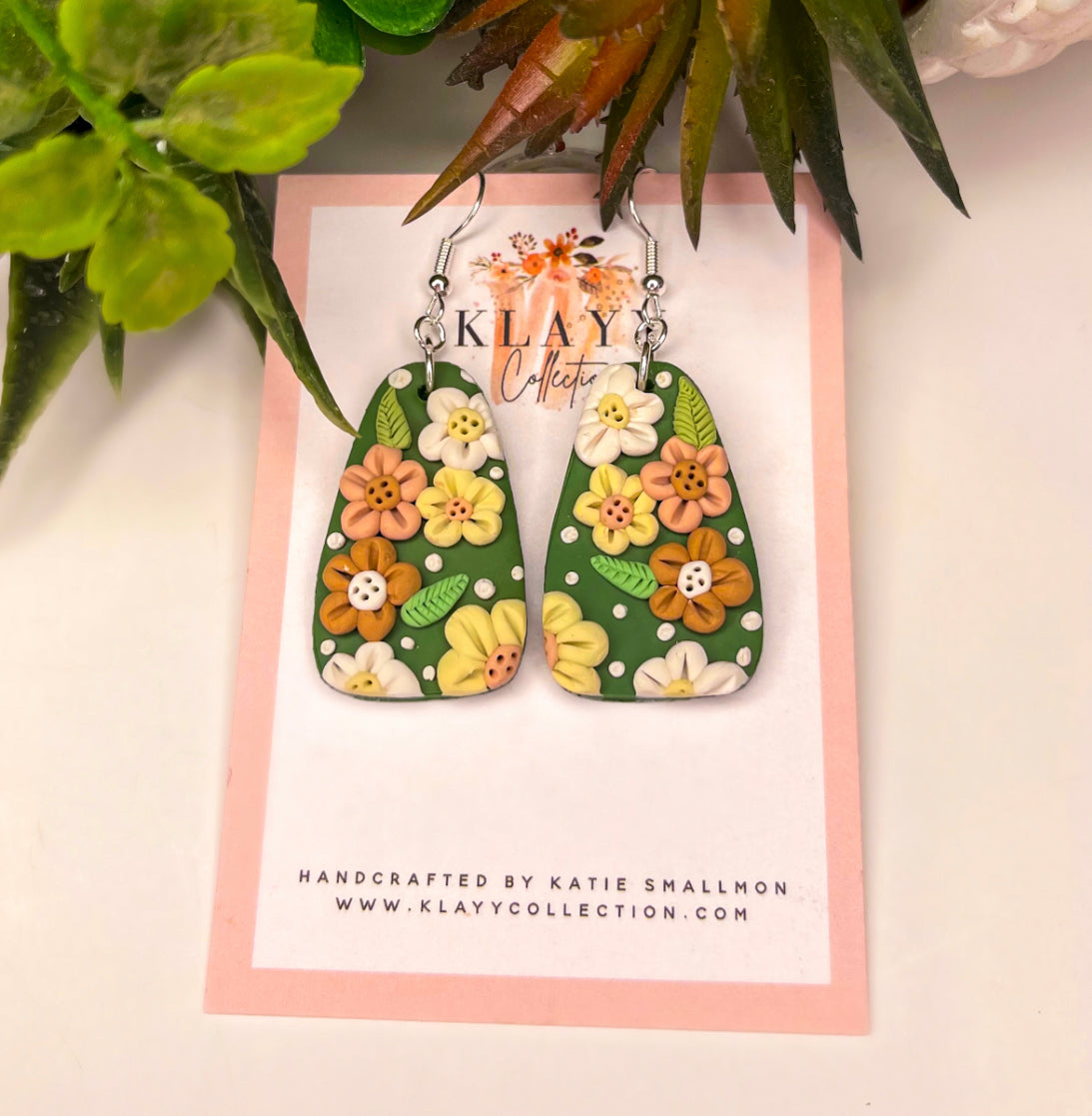 Olive Green Floral Polymer Clay Earrings With Hook