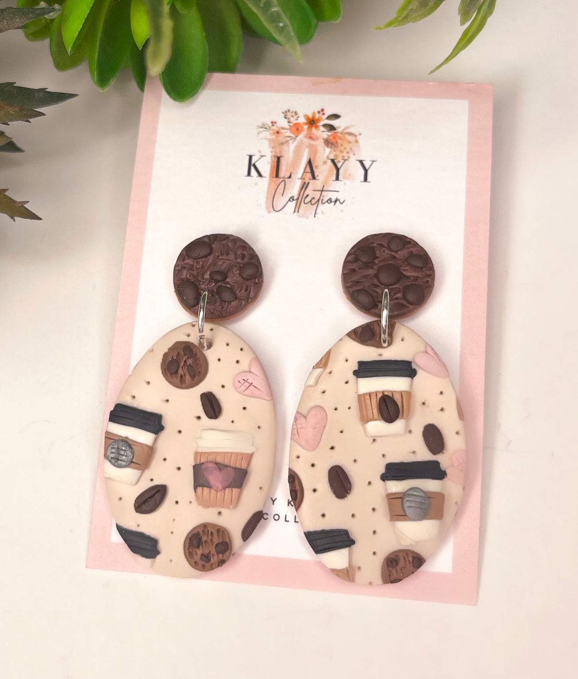 Coffee and a Cookie Polymer Clay Earrings Oval