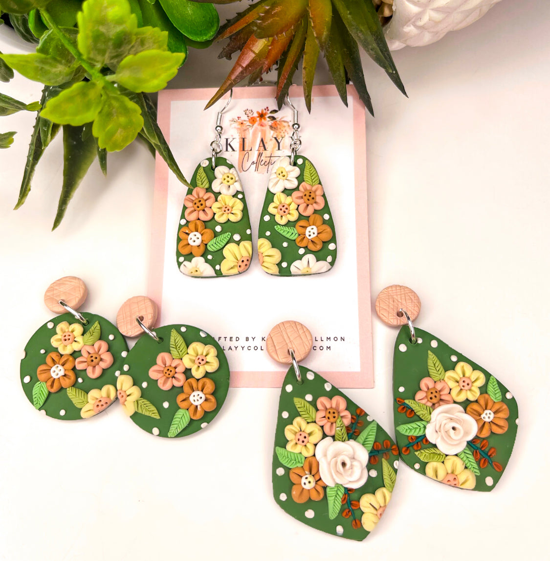 Olive Green Floral Polymer Clay Earrings With Hook