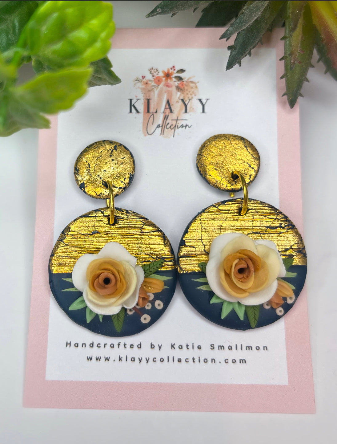 Navy and Gold Antique Rose Earrings