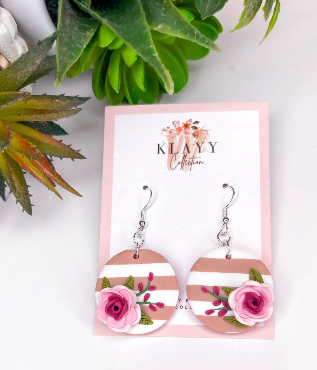 Stripe Posie Round Polymer Clay Earrings
