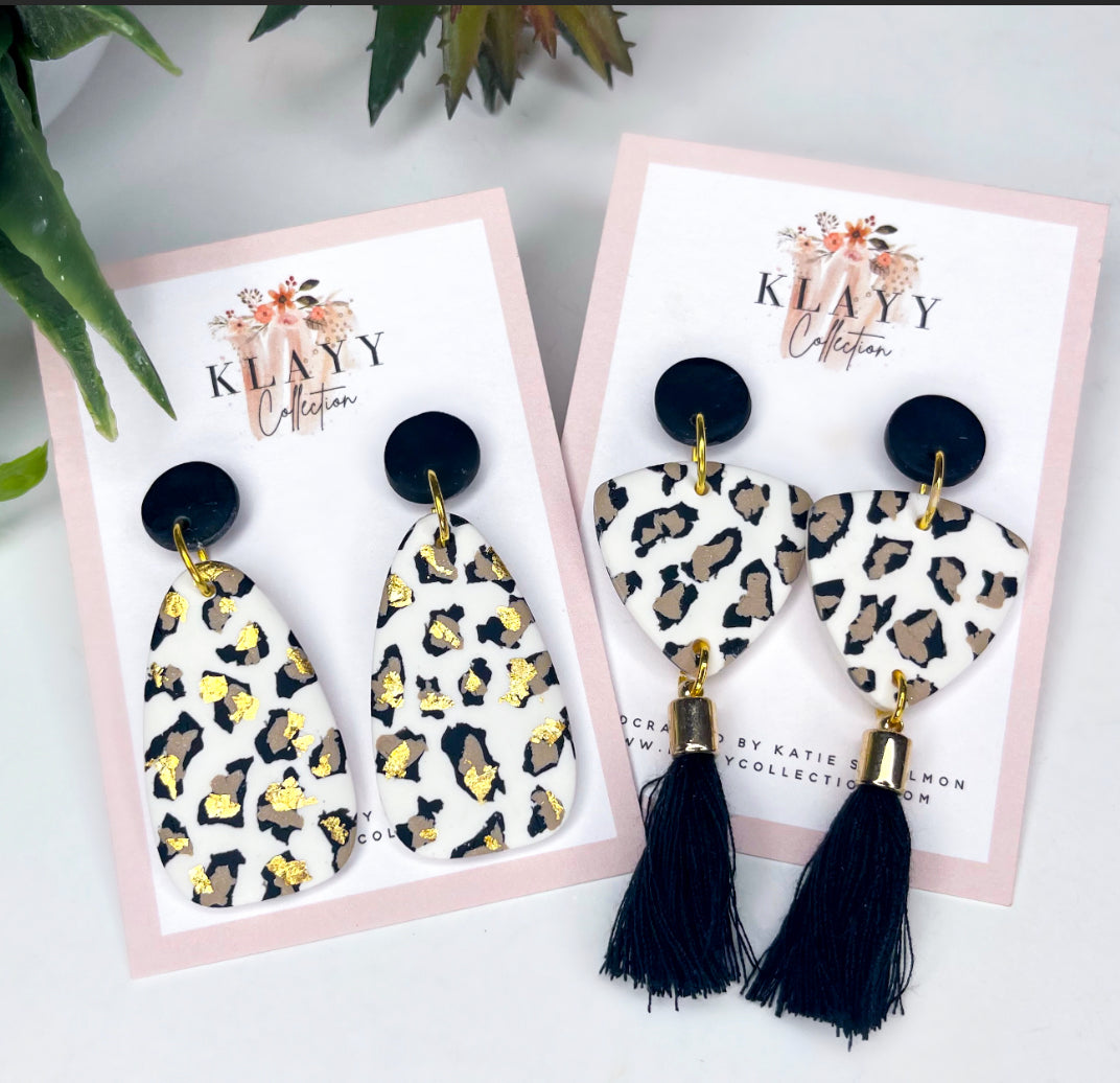 Leopard Print Long Dangle with Gold  Polymer Clay Earrings