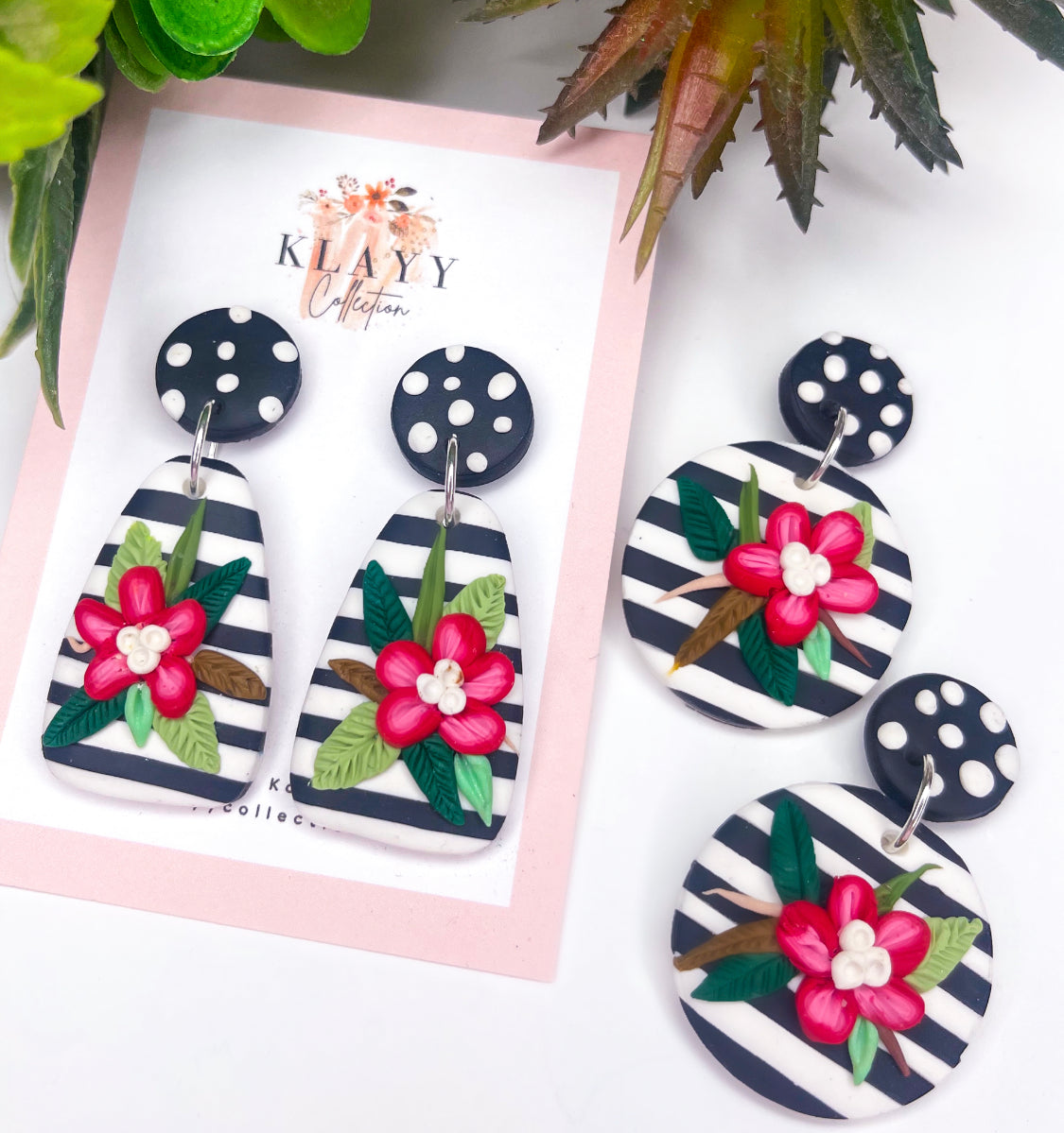 Black and White Stripe with Red Flower Round