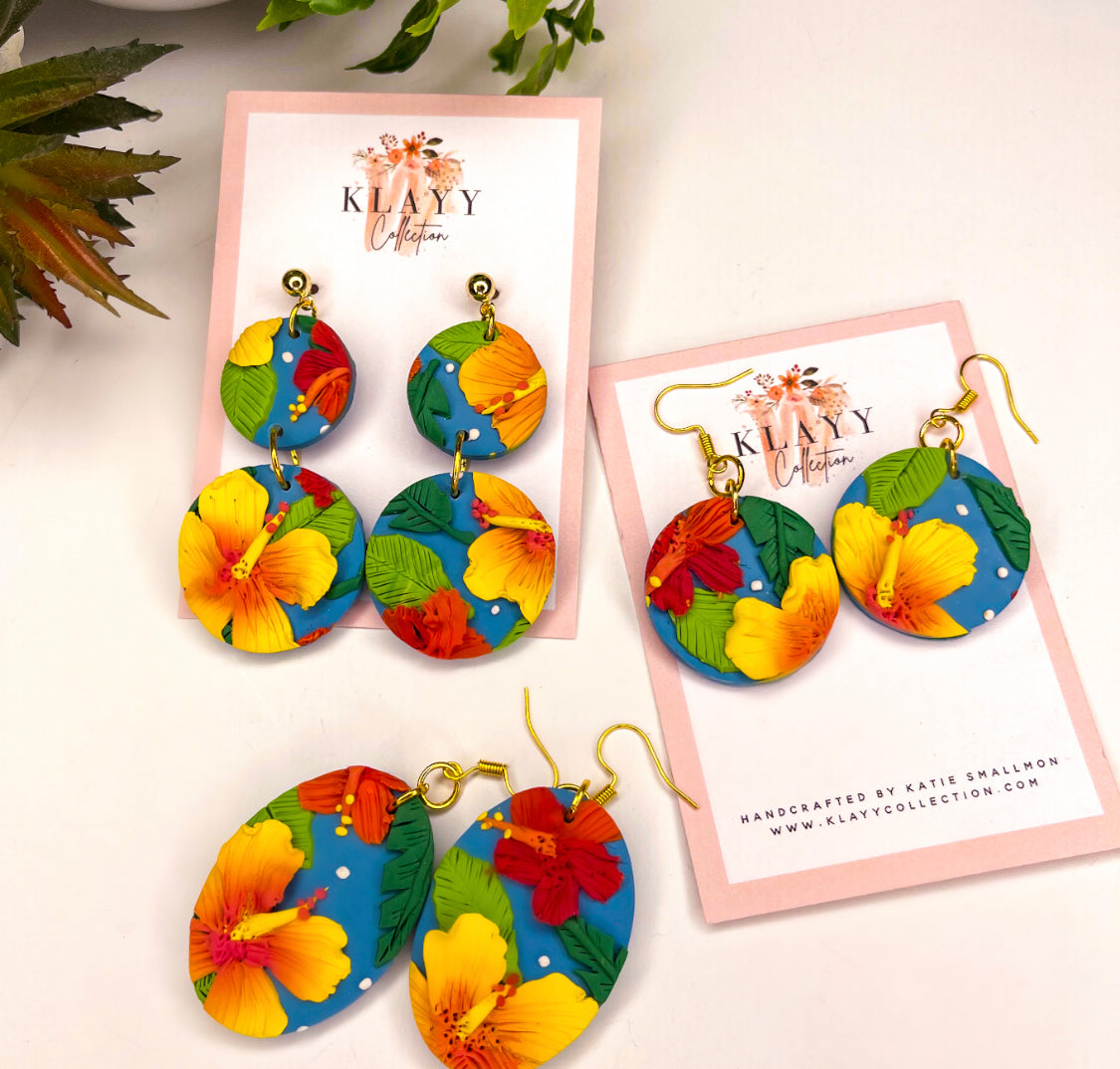 Tropical Flower Polymer Clay Earrings Round