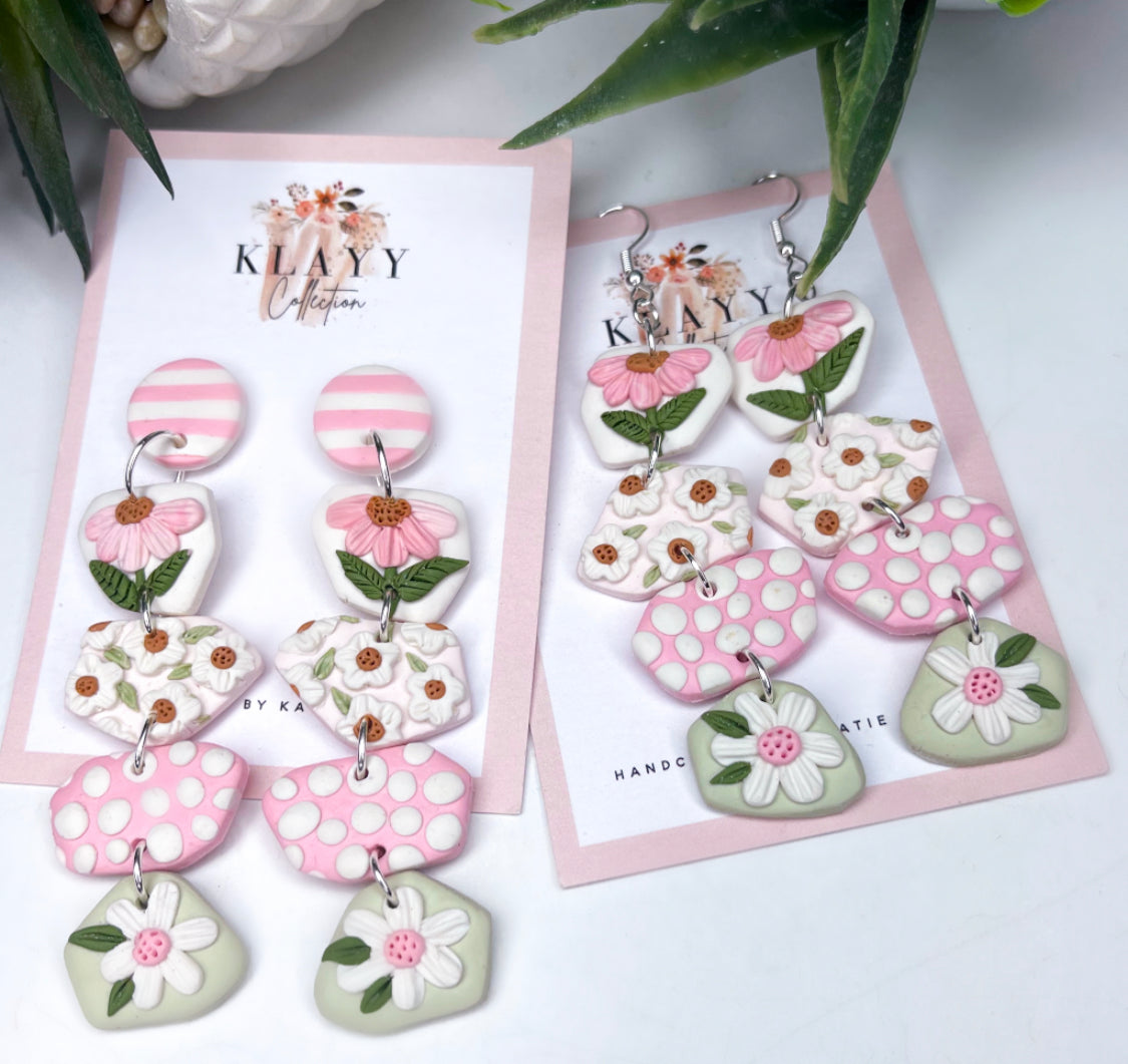 Clip on Shabby Chic Long Dangles with Stripe Stud