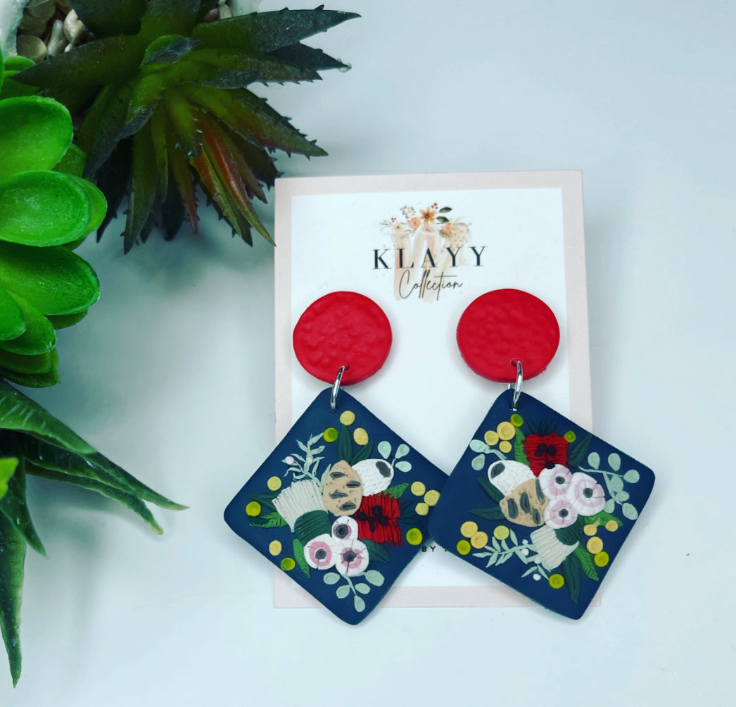 Diamond Shaped Australian Native Floral Bouquet Polymer Clay Earrings