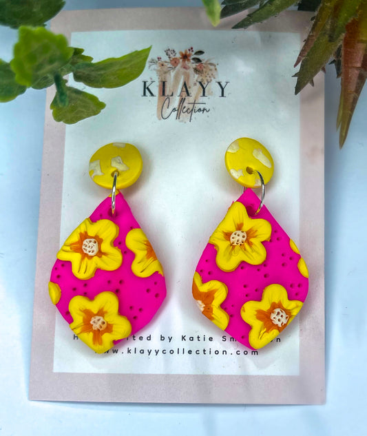 Pink and Yellow Floral Drop Earrings