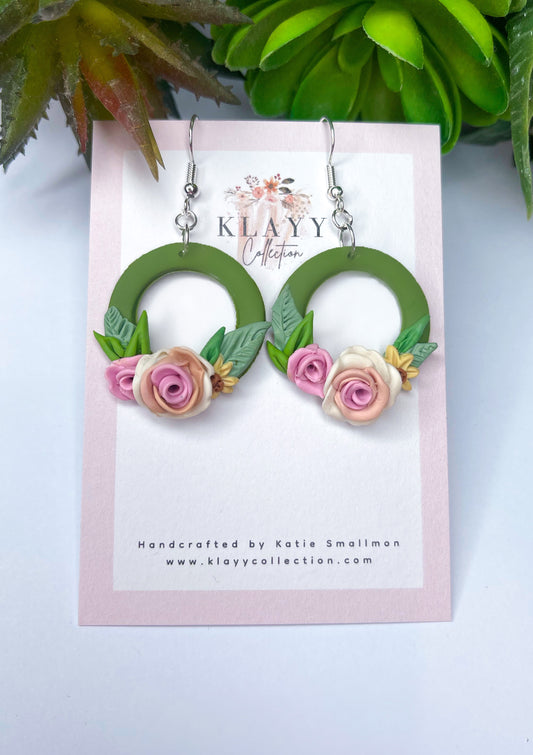 Olive Green Round Floral Dangles