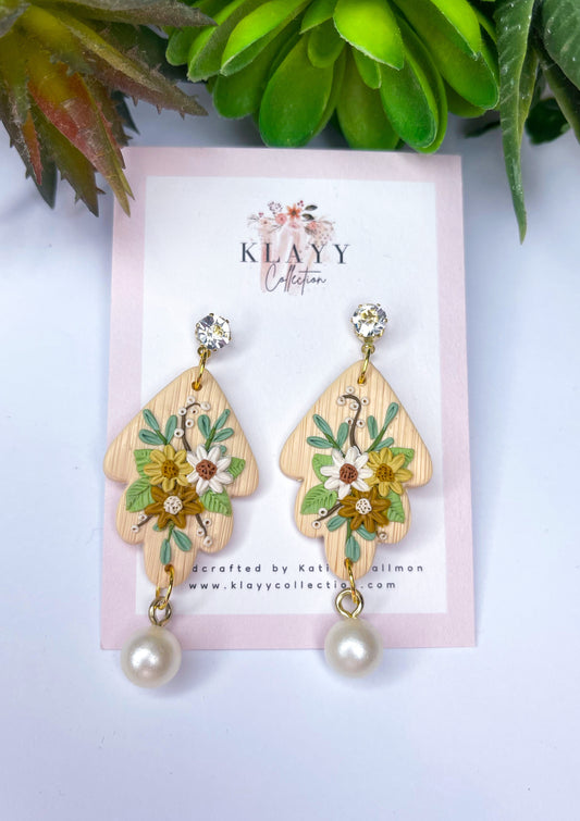 Light Tan Drop Earrings with Diamond Stud and Pearl Drop