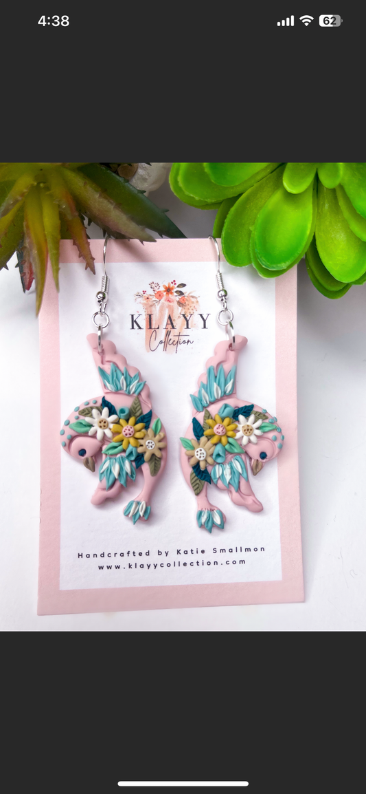 Pink Floral Bird Earrings with hook