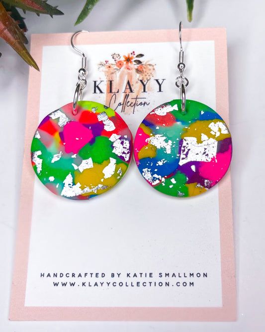 Colour Splash Polymer Clay Earrings With Silver Round with Hook
