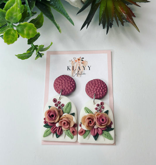 Ombré Pink Roses with floral arrangement polymer clay earrings