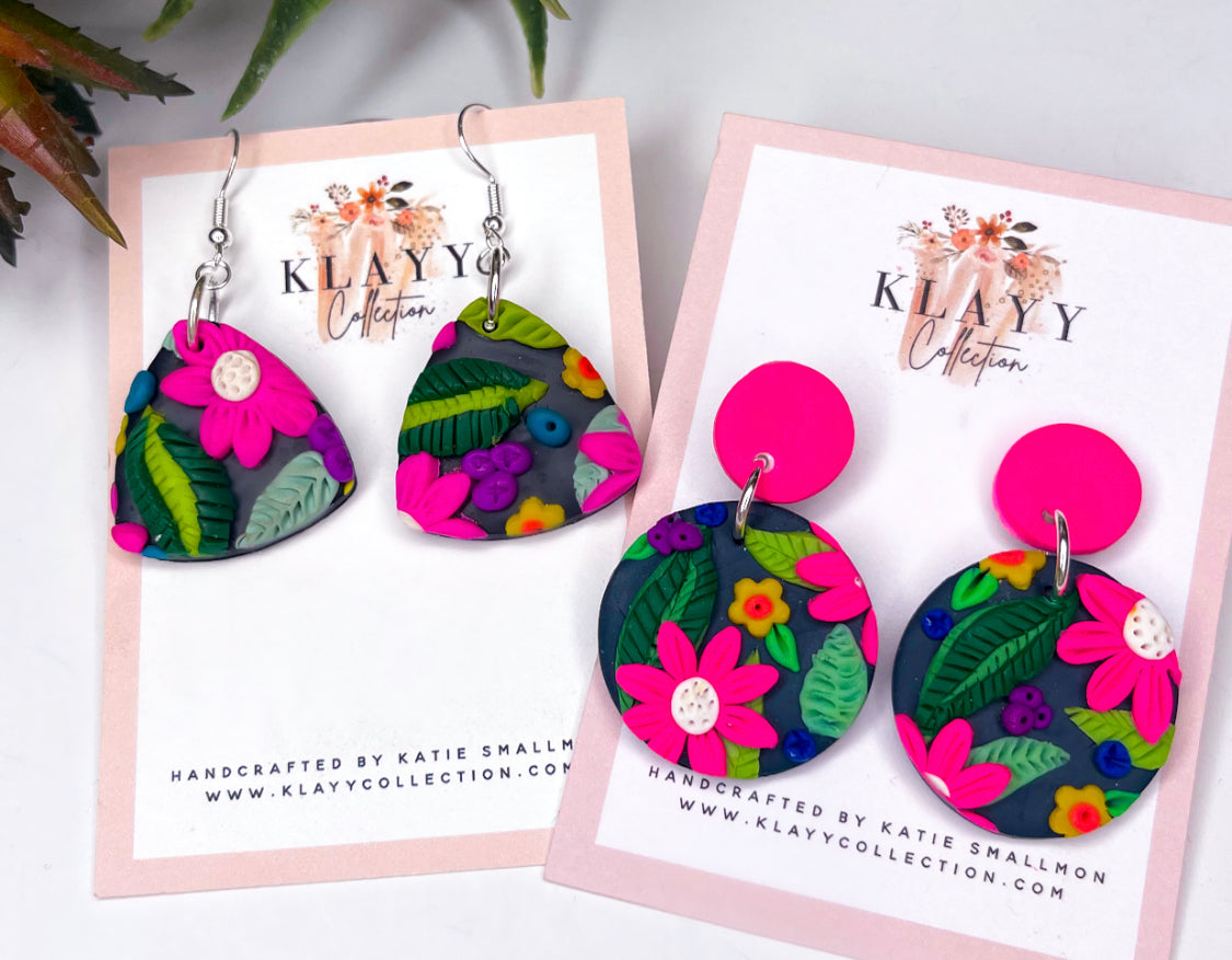 Round Bright Summer Tropical Beach Inspired polymer clay earrings with Pink Stud