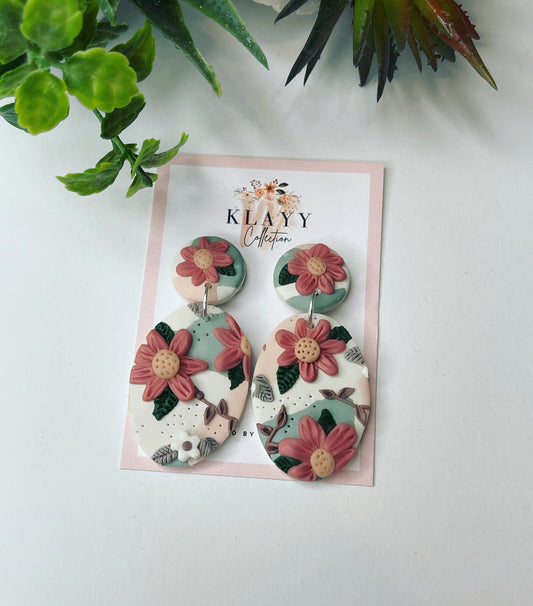 Dusty Pink and Mint green polymer Clay earrings with Pink Daisies