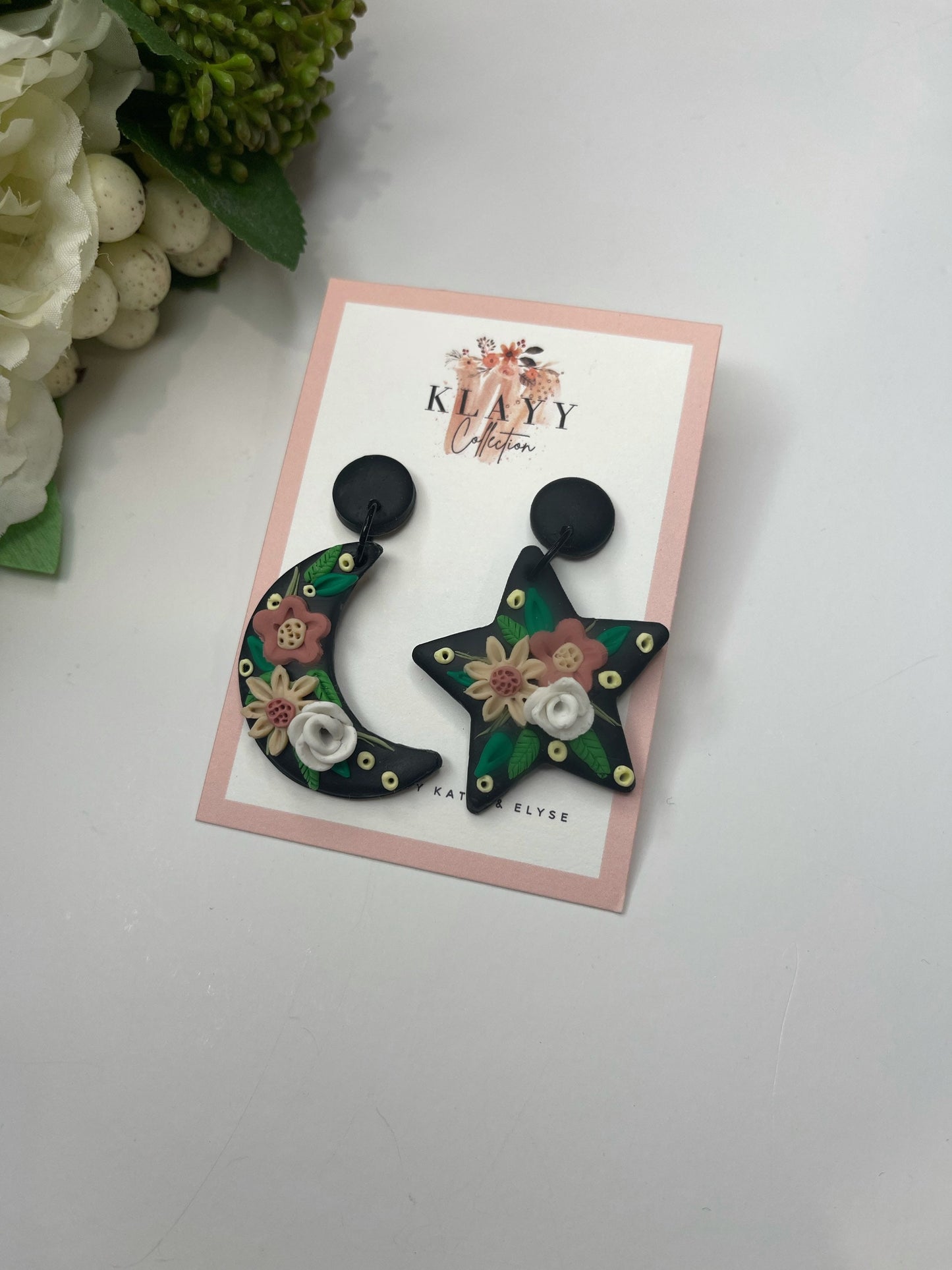 Floral Stars and Moons Clay Earrings