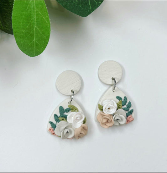White Floral Polymer Clay Earrings