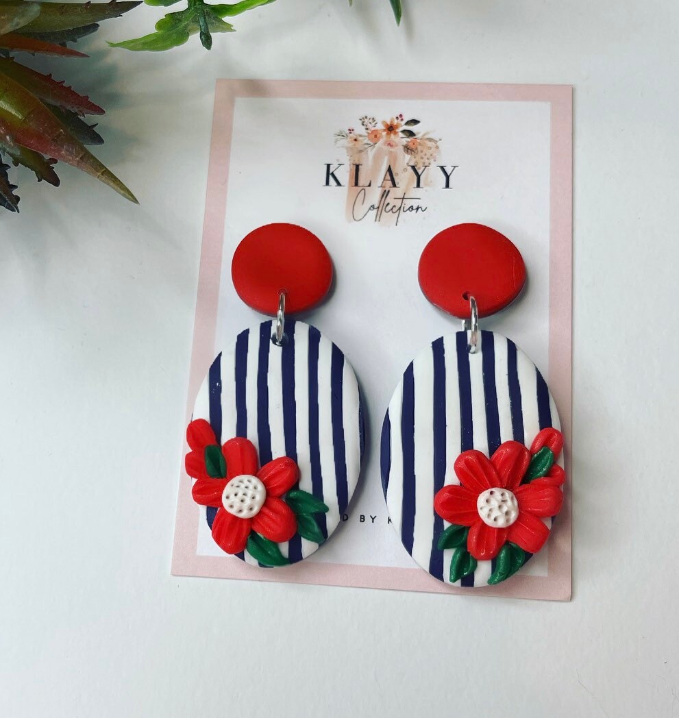 Navy Pinstripe with red flowers polymer Clay earrings | nauticle | summer | stripy