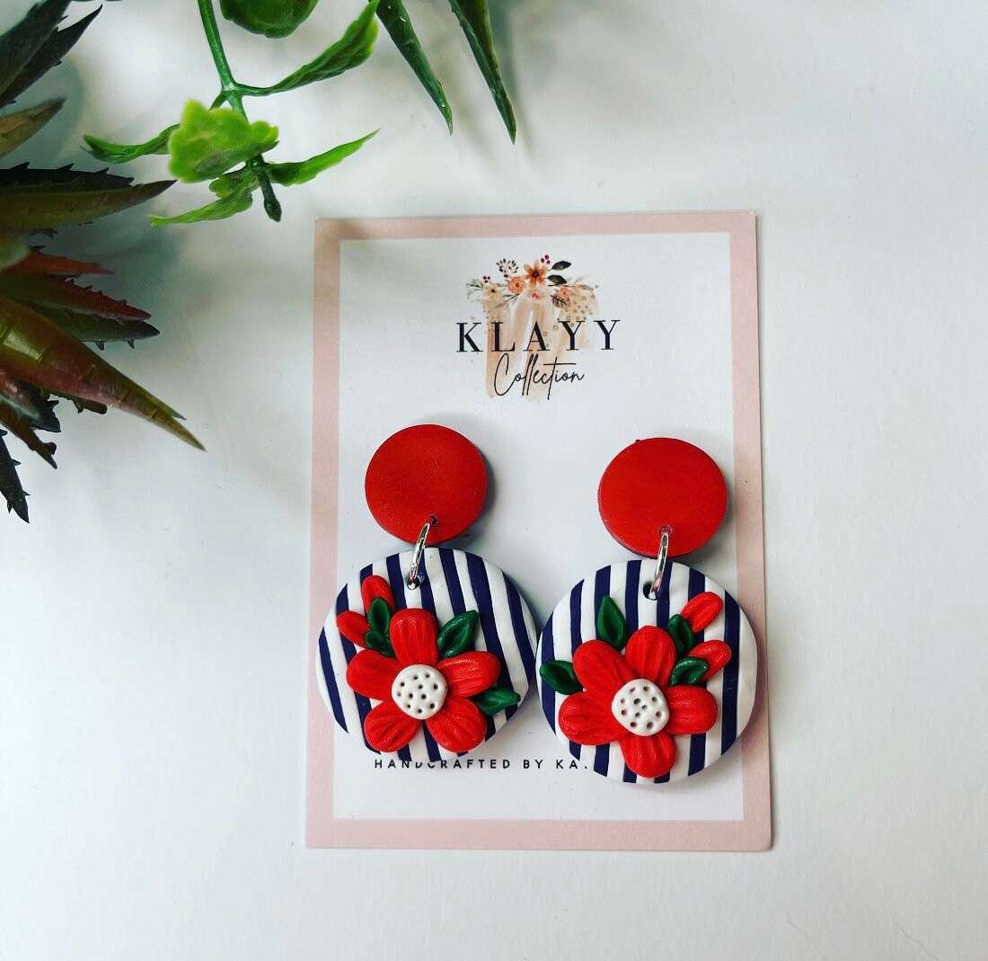 Navy pinstripe and red flower polymer clay earrings | stripy | bold| summer | nauticle