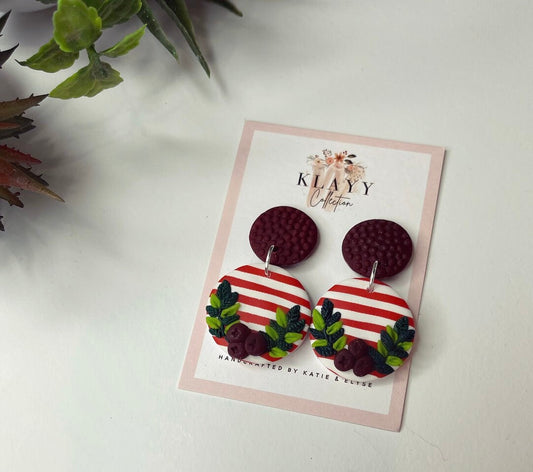 Christmas pinstripe Holly polymer clay earrings | red berries | wreath | floral