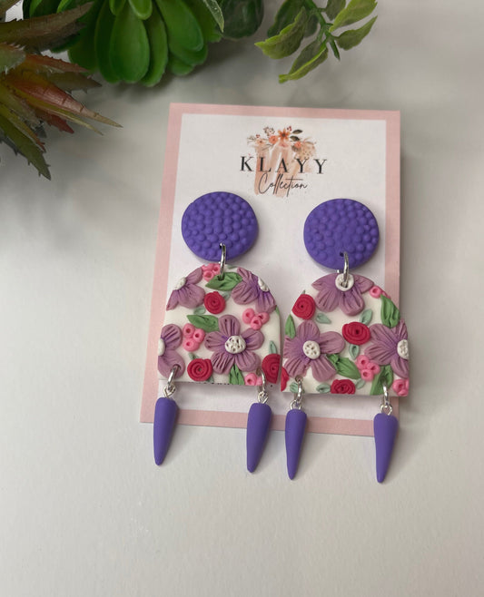 Purple Flower Polymer Clay earrings with spike dangles | flower | violet | spring | gift ideas | floral