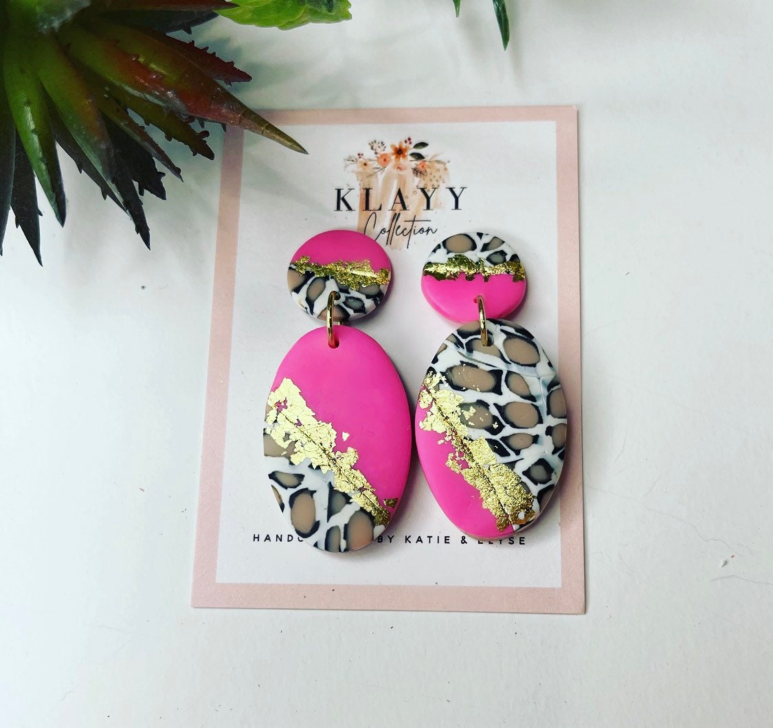Pink Gold and Leopard Print Polymer Clay Earrings | cheetah | fashion | bright pink | gift ideas
