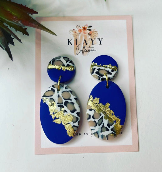 Cobolt blue gold and leopard print polymer clay earrings | cheetah print | animal | stylish | colourful