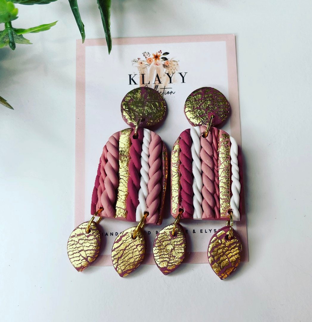 Ombré Pink twists with gold polymer clay earrings | boho | boutique | handmade