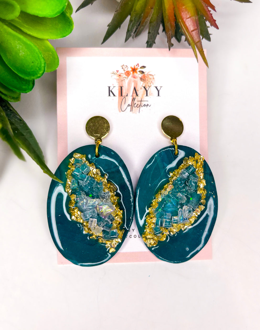 Geode Crystal Polymer Clay Earrings Green Oval