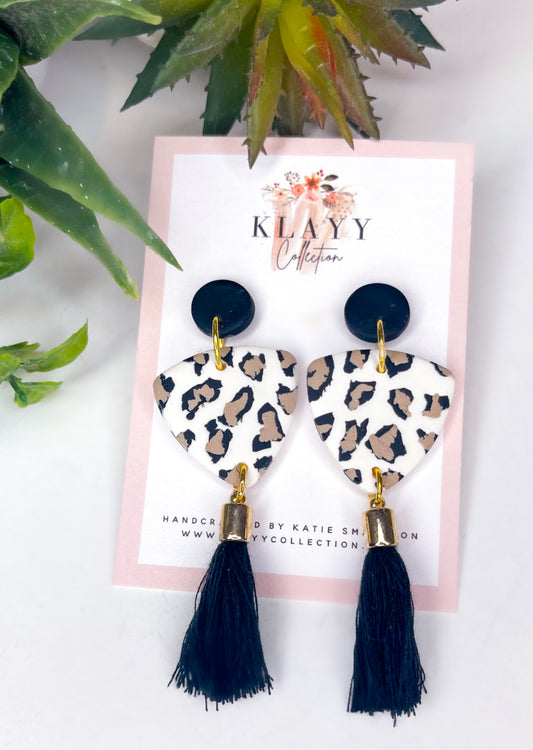 Leopard Print Tri-oval with Tassle Polymer Clay Earrings
