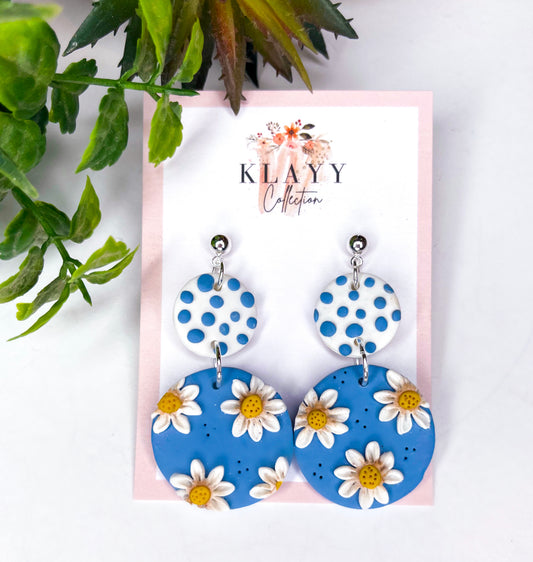 Denim Blue Daisies Polymer Clay Earrings Round