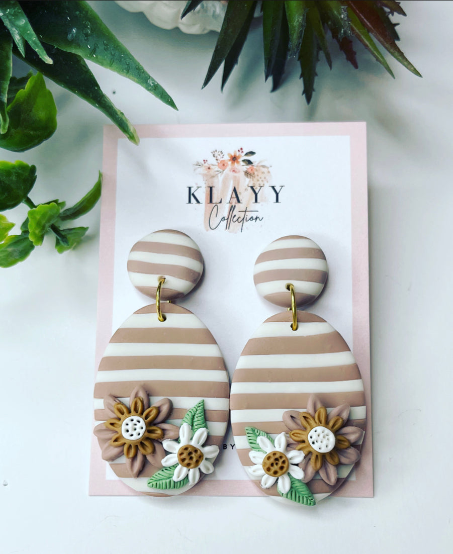 Stunning neutral beige and white stripe paper daisies polymer clay earrings
