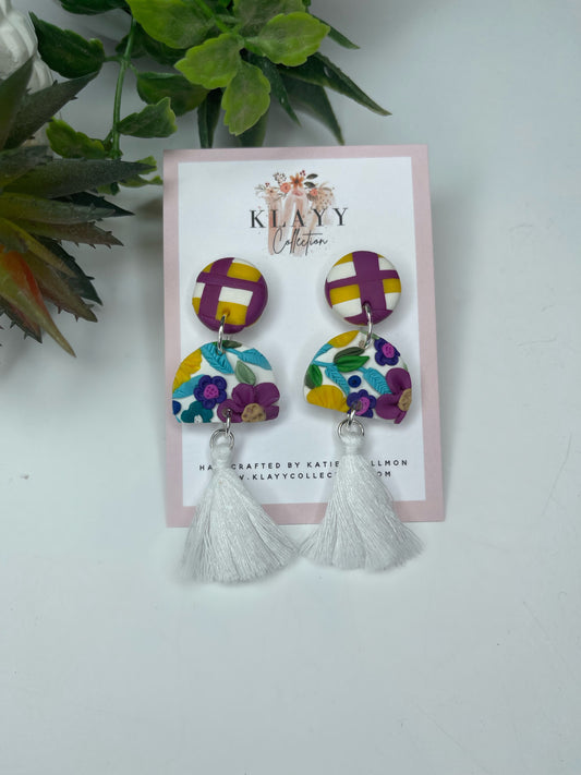 Colourful floral gingham polymer clay earrings with white tassel