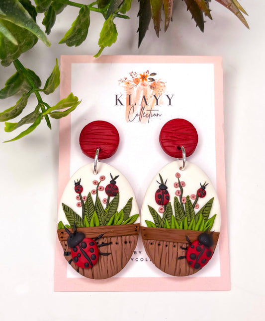 Clip On Lady Beetle Garden Polymer Clay Earrings Large