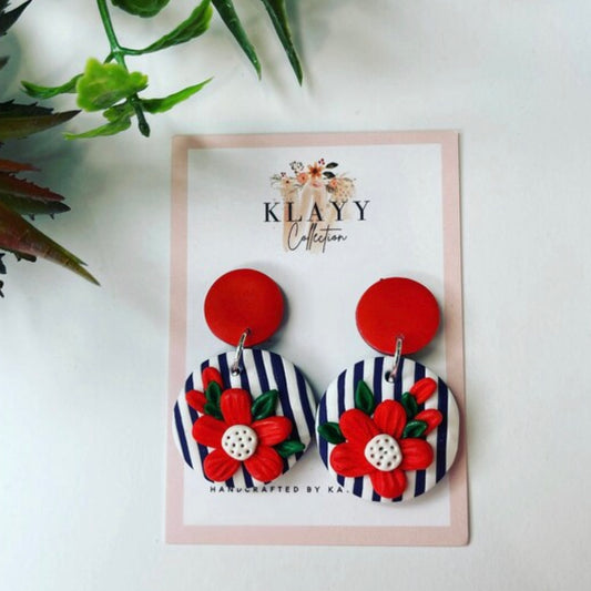 Floral Navy, white and Red Pinstripe Polymer Clay earrings