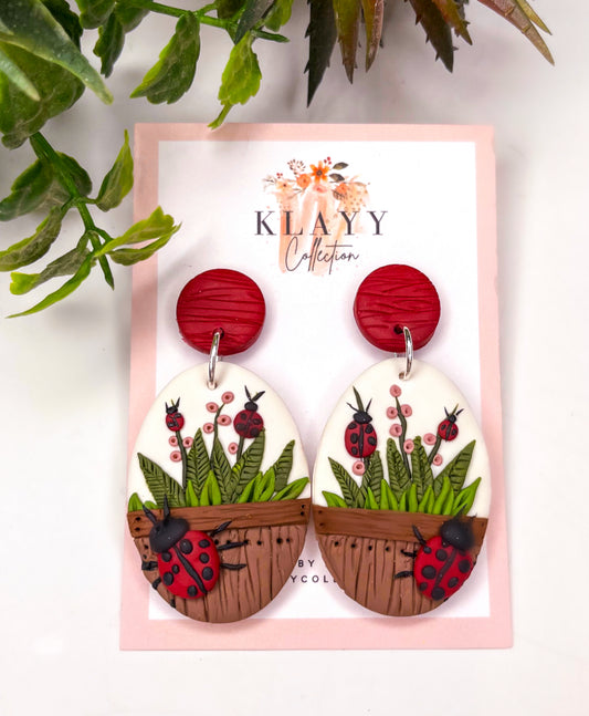 Lady Beetle Garden Polymer Clay Earrings Large