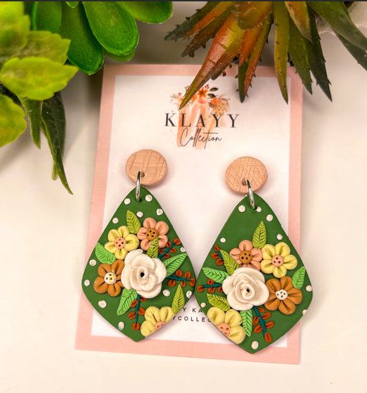 Olive Green Floral Polymer Clay Earrings Large Drop