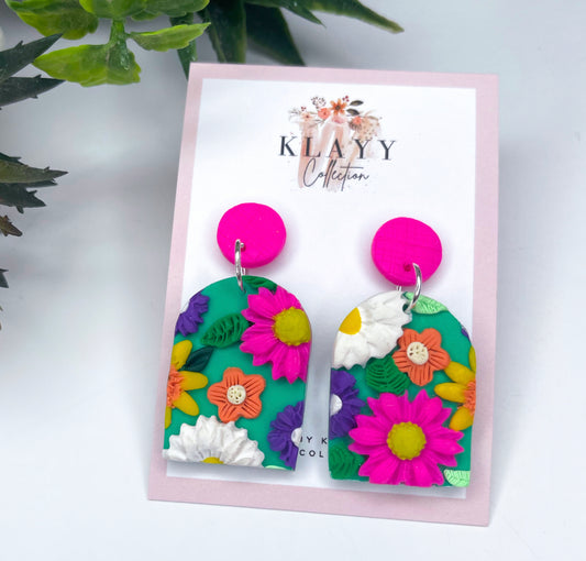 Bright Flower Garden Polymer Clay Earrings Arch