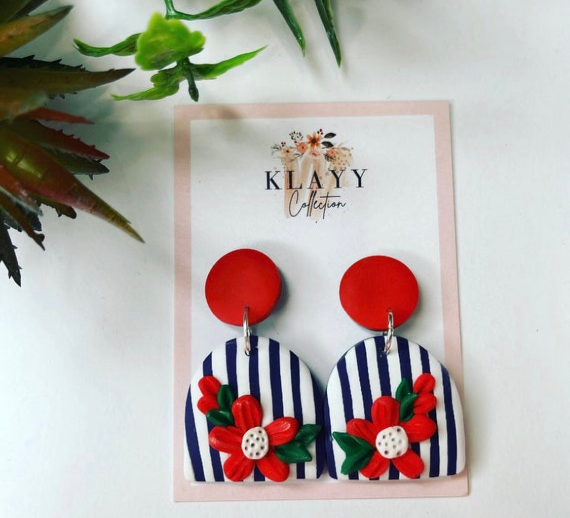 Floral Navy, white and Red Pinstripe Polymer Clay earrings Arch