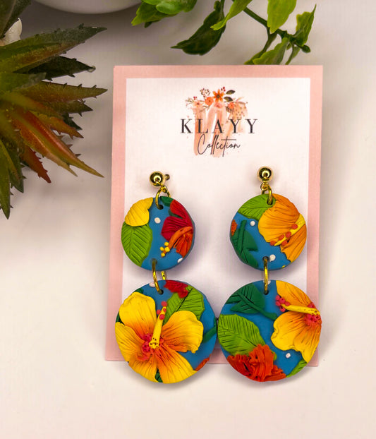Tropical Flower Polymer Clay Earrings Multi Layer
