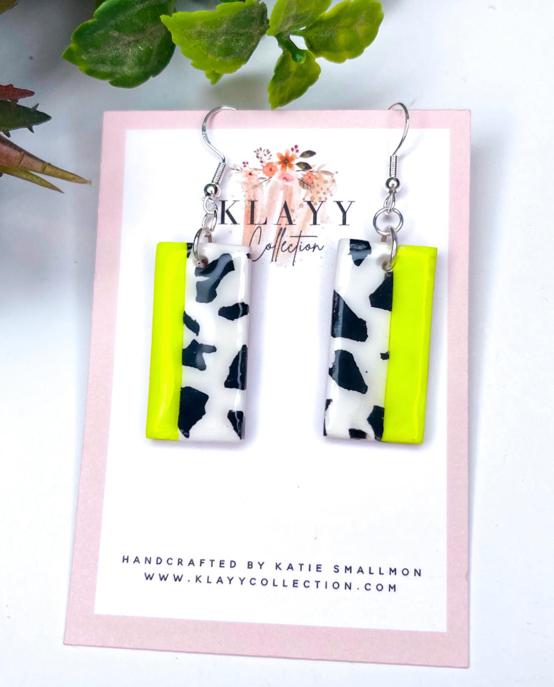 Yellow Rectangle Leopard and Neon Pop Polymer Clay Earrings