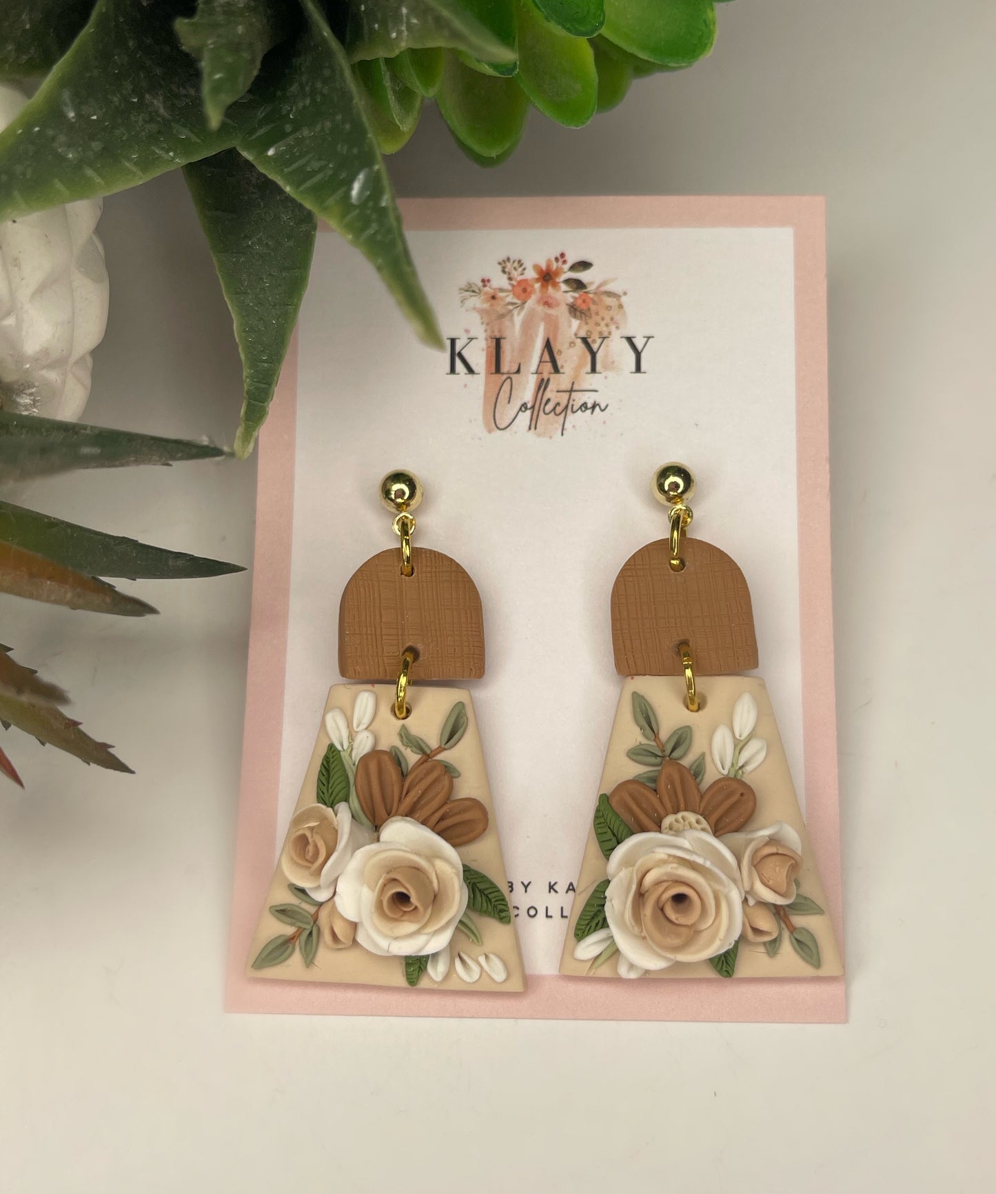Stunning Occassion Roses In Neutral Polymer Clay Earrings Triangle