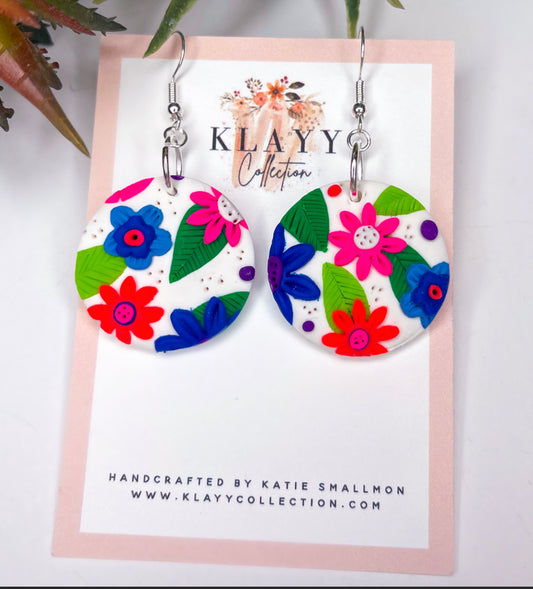 Floral Bright Polymer Clay earrings with spotty dangles round