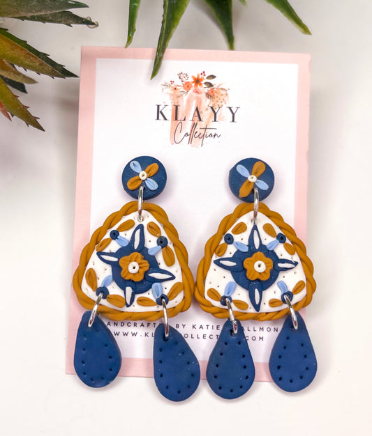 Mustard and Navy Mandala Polymer Clay Earrings