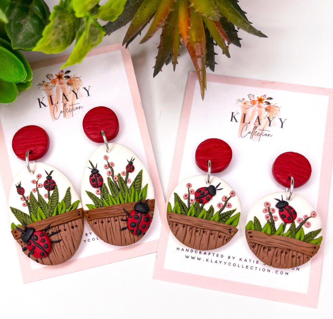 Lady Beetle Garden Polymer Clay Earrings Round