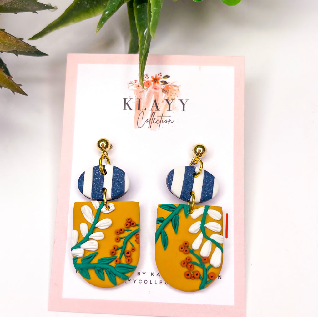 Mustard and Navy Floral Polymer Clay Earrings