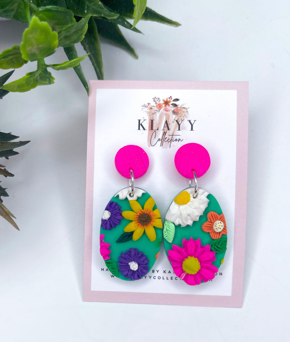 Bright Flower Garden Polymer Clay Earrings Oval