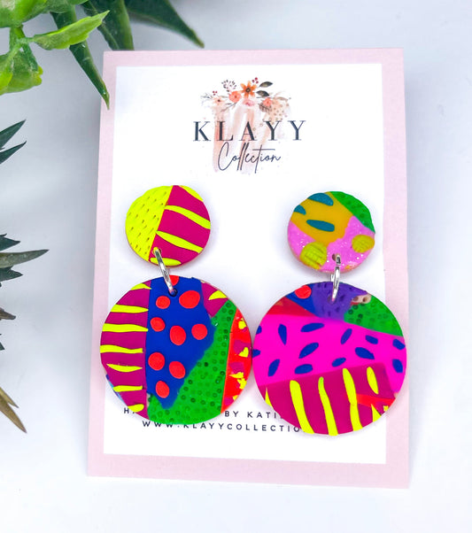 Clip On Neon Patchwork Polymer Clay earrings Round