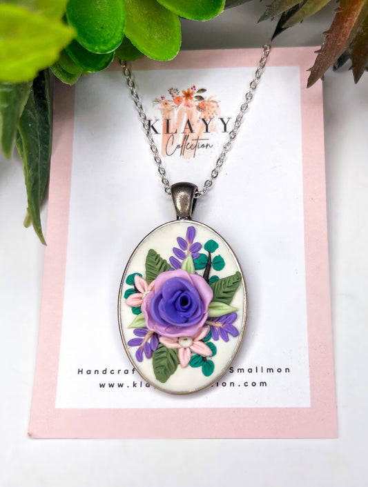 Purple Oval Bouquet Pendant Silver Frame